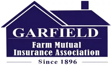 A blue and white logo of the garfield farm mutual insurance association.